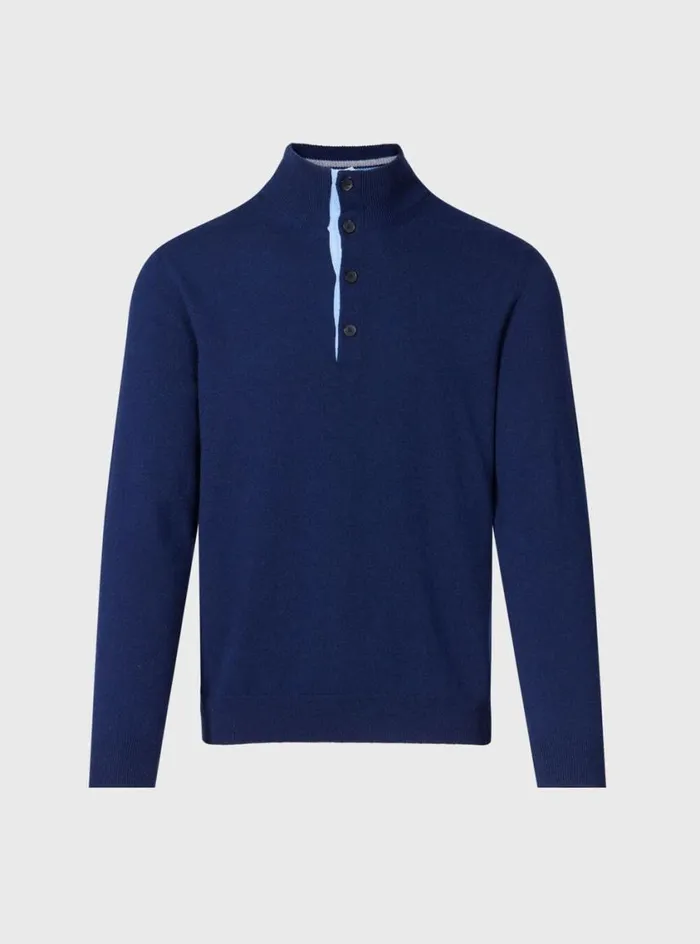 Men Paul Stuart Sweaters Cashmere Button Mock Neck Sweater Navy