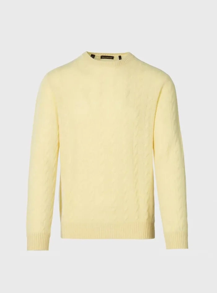 Men Paul Stuart Sweaters Cashmere Cable Crewneck Sweater Soft Yellow
