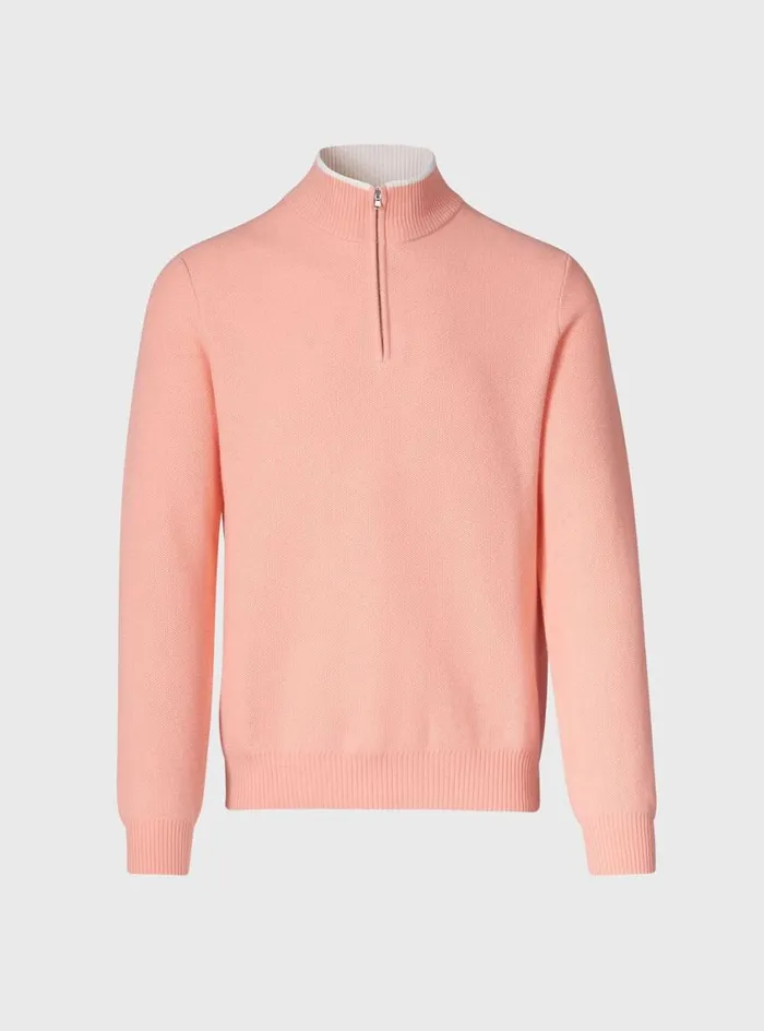 Men Paul Stuart Sweaters Cashmere Honeycomb Stitch Quarter Zip Sweater Peach