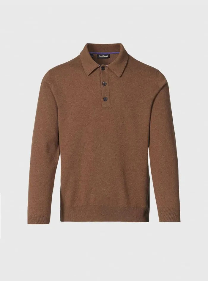 Men Paul Stuart Sweaters Cashmere Long Sleeve Polo With Suede Brownlavender