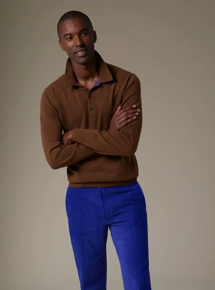 Men Paul Stuart Sweaters Cashmere Long Sleeve Polo With Suede Brownlavender