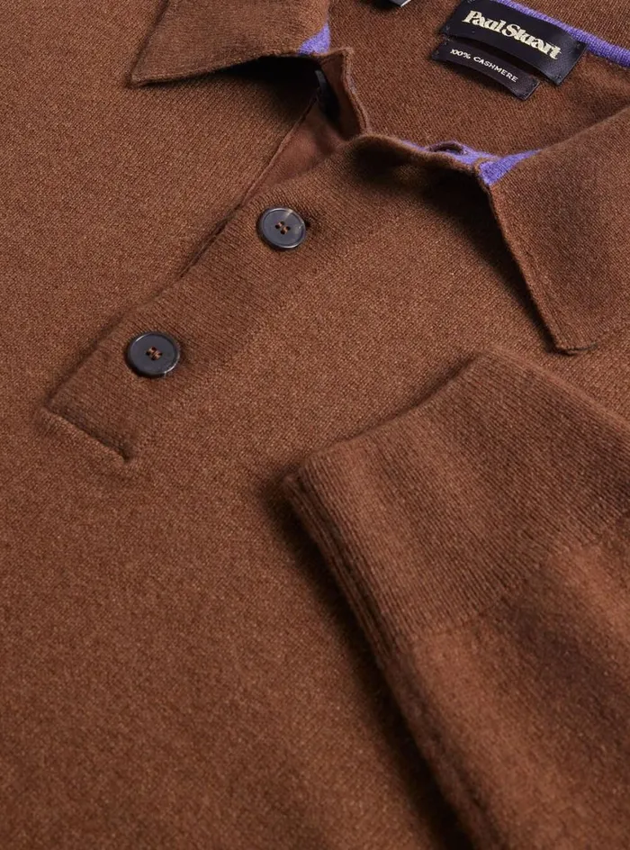 Men Paul Stuart Sweaters Cashmere Long Sleeve Polo With Suede Brownlavender