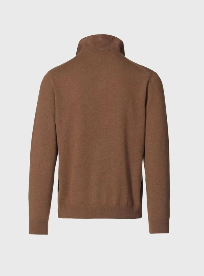Men Paul Stuart Sweaters Cashmere Long Sleeve Polo With Suede Brownlavender