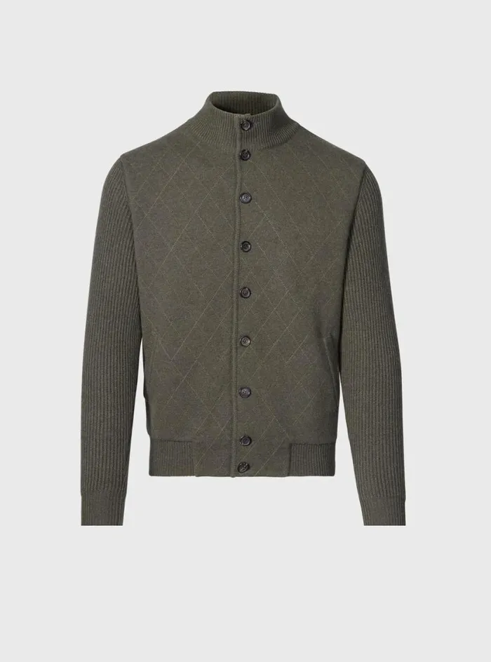 Men Paul Stuart Sweaters Cashmere Quilted Button Front Cardigan Loden