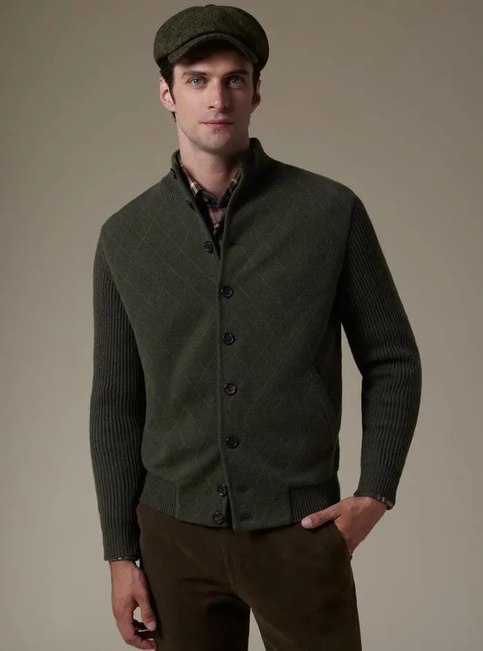 Men Paul Stuart Sweaters Cashmere Quilted Button Front Cardigan Loden