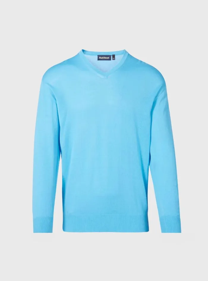 Men Paul Stuart Sweaters Fine Gauge Cotton VNeck Sweater Sky