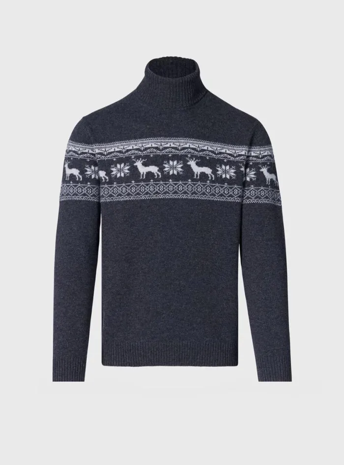 Men Paul Stuart Sweaters Reindeer and Snowflake Turtleneck Grey