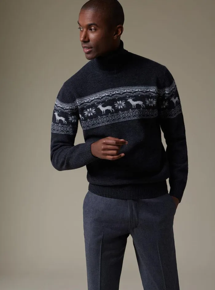 Men Paul Stuart Sweaters Reindeer and Snowflake Turtleneck Grey