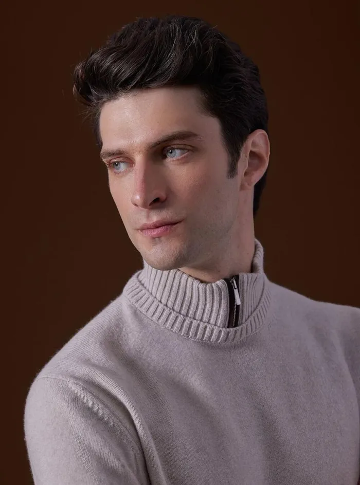 Men Paul Stuart Sweaters Wool and Cashmere Mock Neck Zip Sweater Cream
