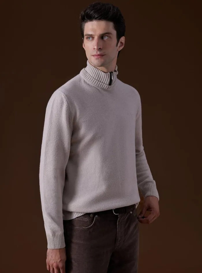 Men Paul Stuart Sweaters Wool and Cashmere Mock Neck Zip Sweater Cream