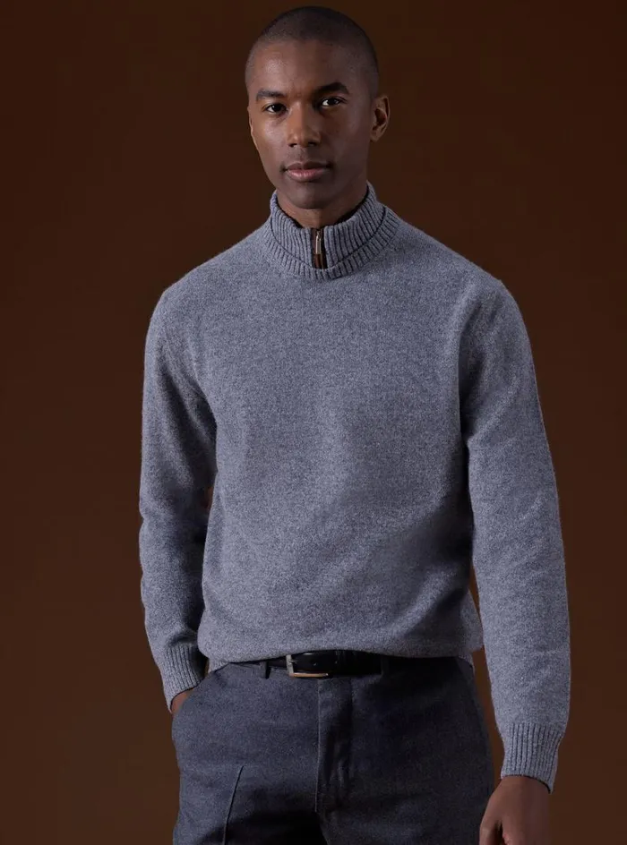Men Paul Stuart Sweaters Wool and Cashmere Mock Neck Zip Sweater Grey