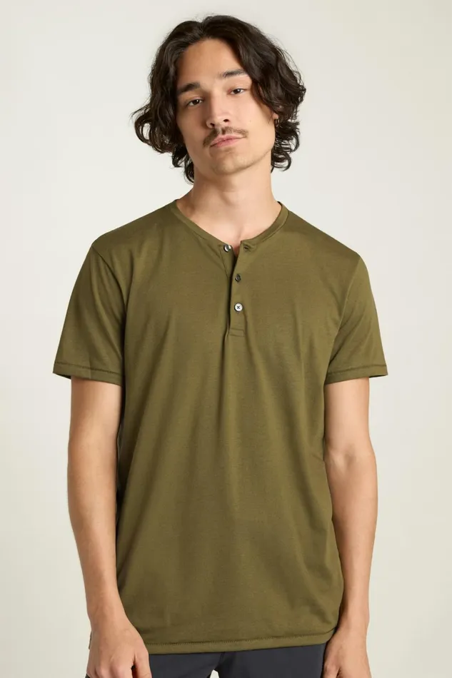 Men Pima Performance Short Sleeve Henley Dark Olive Green Bonobos Henleys