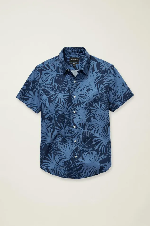 Men Riviera Short Sleeve Shirt Blue Palm Fronds Bonobos Casual Shirts