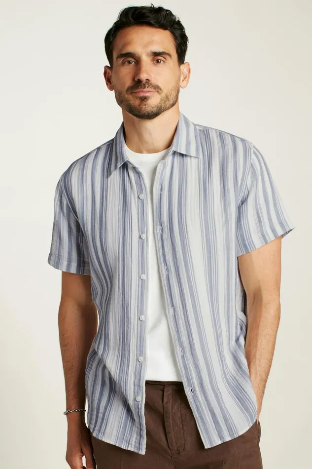 Men Riviera Short Sleeve Shirt Blue White Gauze Stripe Bonobos Casual Shirts
