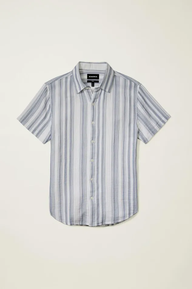 Men Riviera Short Sleeve Shirt Blue White Gauze Stripe Bonobos Casual Shirts