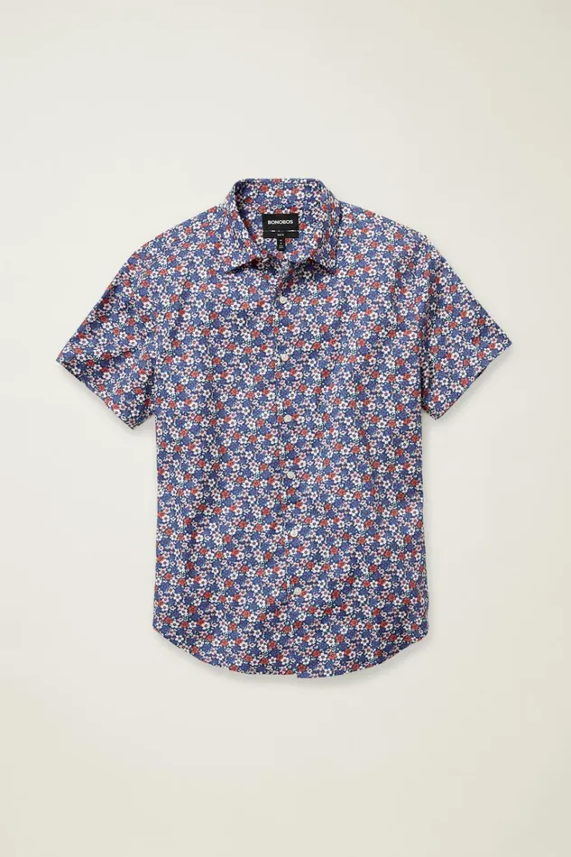 Men Riviera Short Sleeve Shirt Red And Blue Floral Collage Bonobos Casual Shirts
