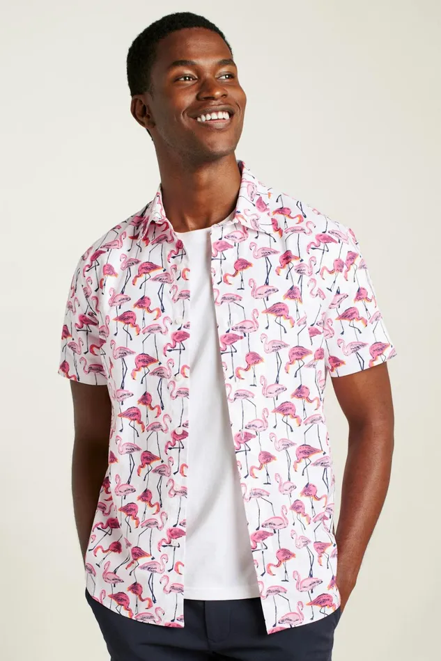 Men Riviera Short Sleeve Shirt White Flamingo Phil Bonobos Casual Shirts