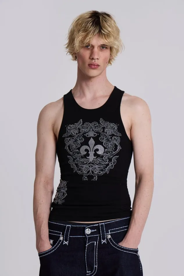 Men Rock Revival Black Fleur De Lis Vest Jaded London TShirts and Vests