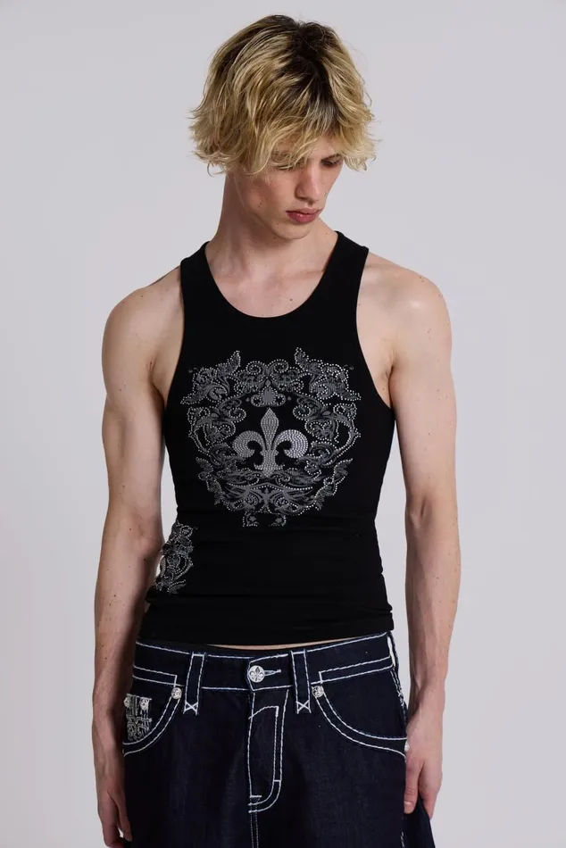 Men Rock Revival Black Fleur De Lis Vest Jaded London TShirts and Vests