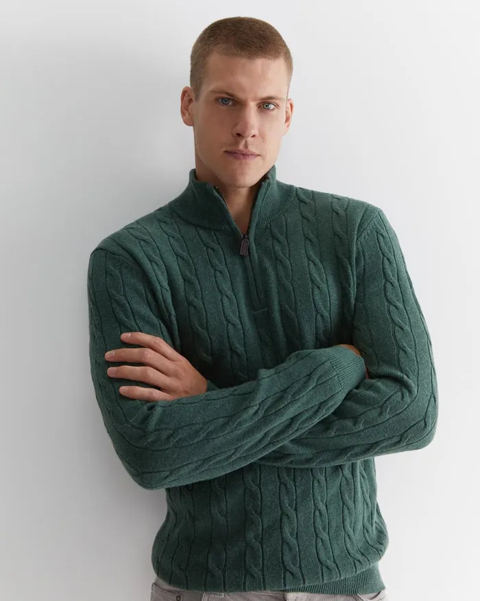 Men Sportscraft Jackets and Blazers Munro Cable Wool Quarter Zip Green Melange