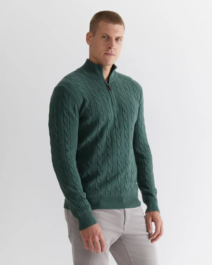 Men Sportscraft Jackets and Blazers Munro Cable Wool Quarter Zip Green Melange