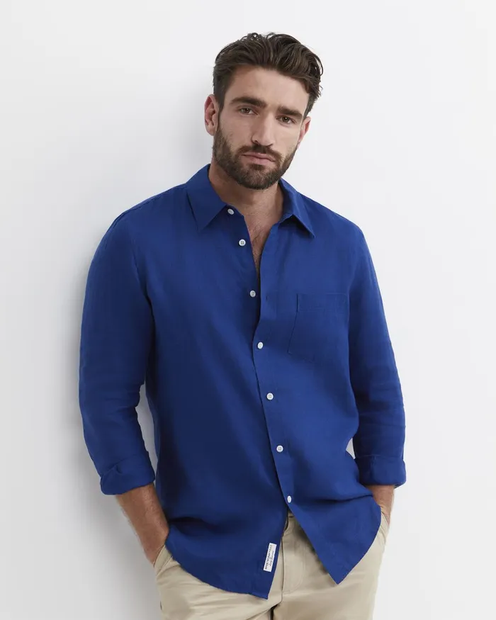 Men Sportscraft Shirts Long Sleeve Linen Shirt Lapis