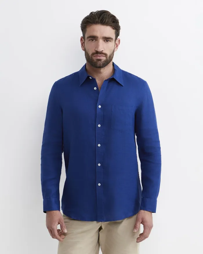 Men Sportscraft Shirts Long Sleeve Linen Shirt Lapis