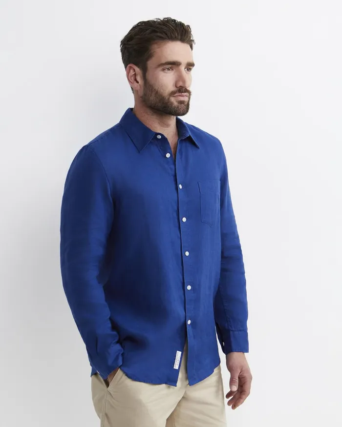 Men Sportscraft Shirts Long Sleeve Linen Shirt Lapis