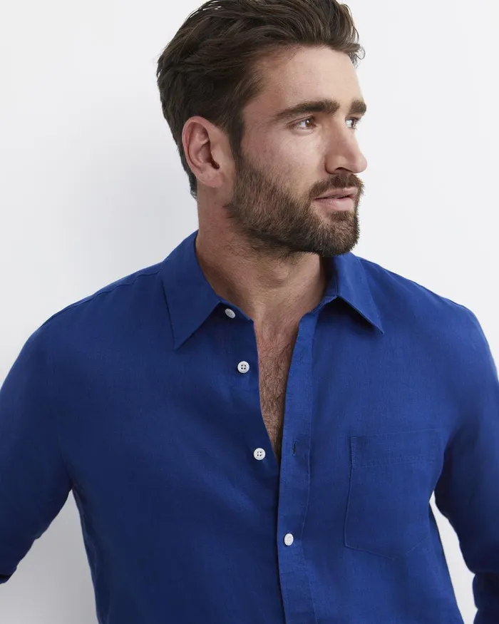 Men Sportscraft Shirts Long Sleeve Linen Shirt Lapis