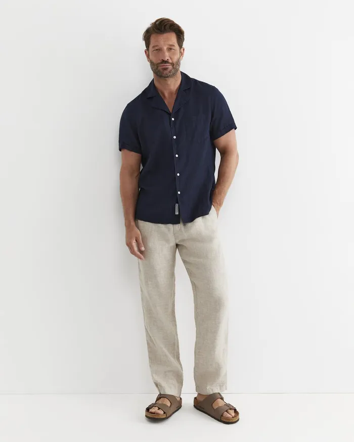 Men Sportscraft Shirts Short Sleeve Stanton Linen Shirt Navy