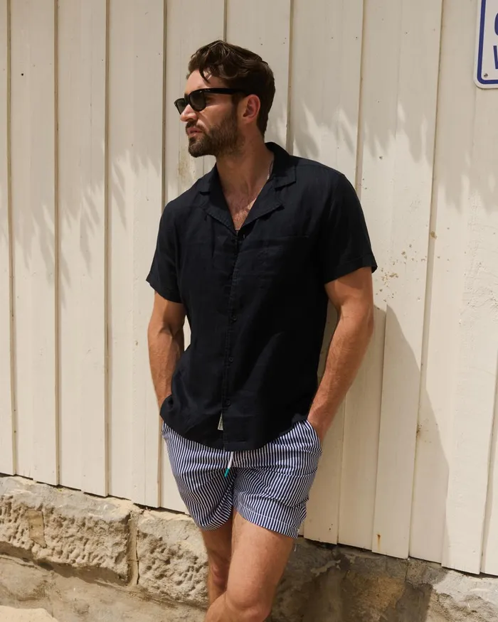Men Sportscraft Shirts Short Sleeve Stanton Linen Shirt Navy