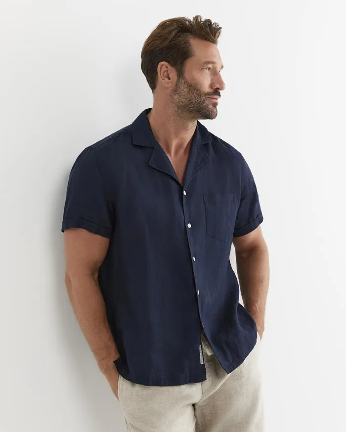Men Sportscraft Shirts Short Sleeve Stanton Linen Shirt Navy