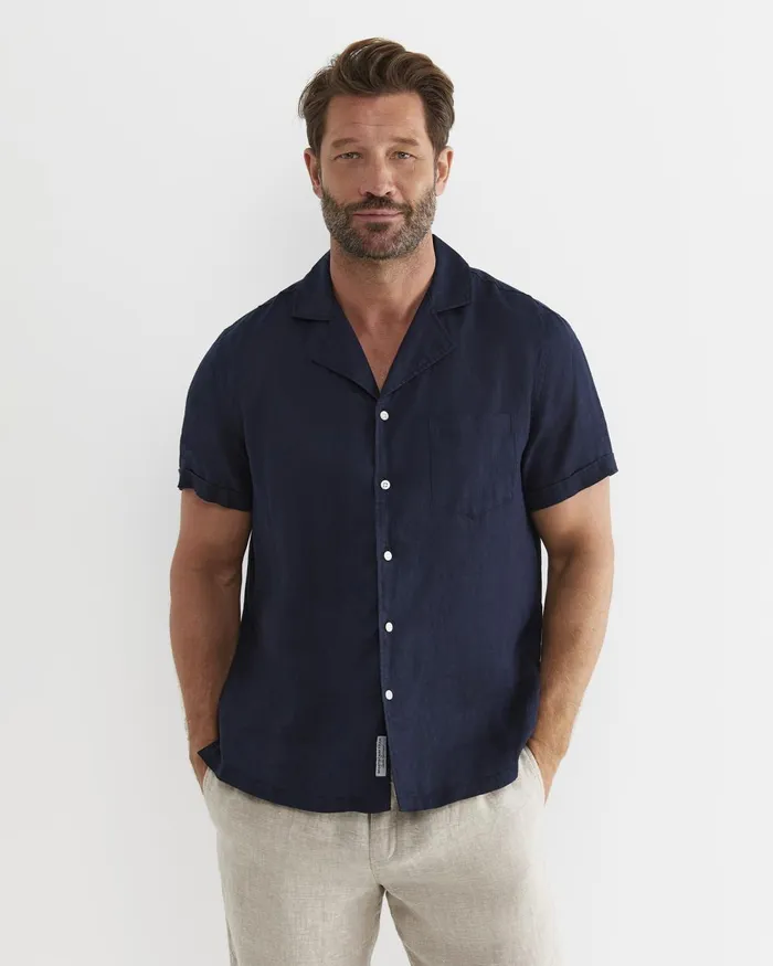 Men Sportscraft Shirts Short Sleeve Stanton Linen Shirt Navy