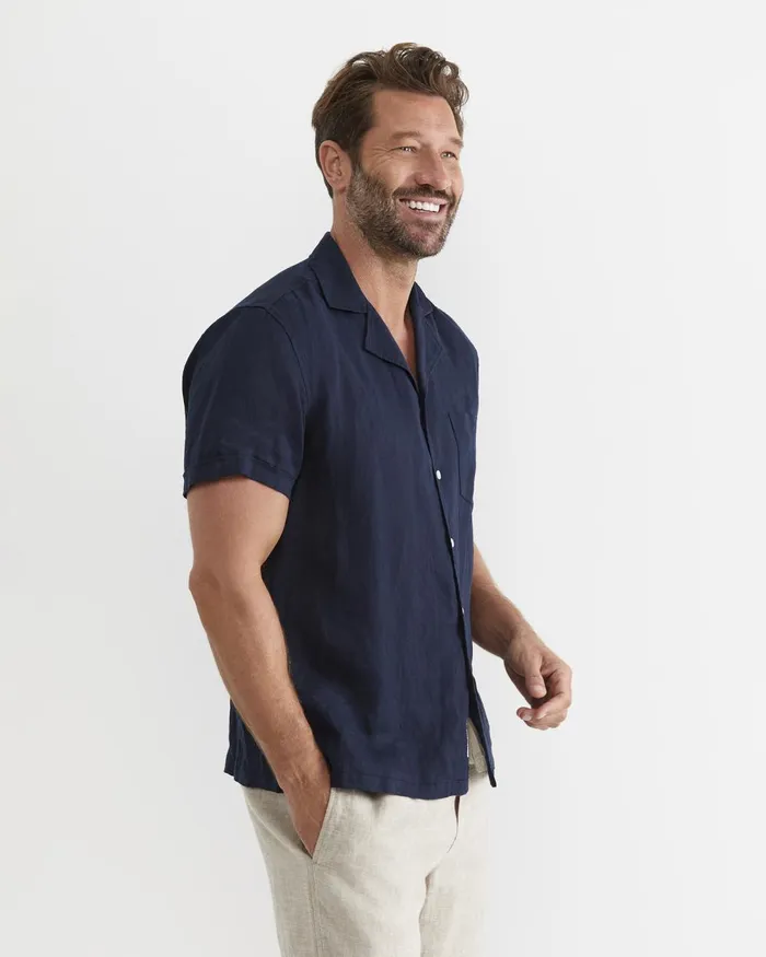 Men Sportscraft Shirts Short Sleeve Stanton Linen Shirt Navy