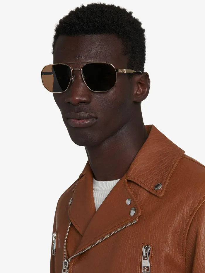 Men Sunglasses Alexander McQueen Floating Skull Metal Caravan Sunglasses Goldbrown