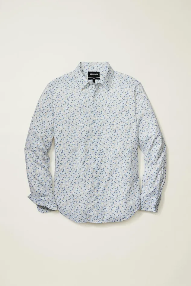 Men Tech Button Down Shirt Blue Tan Peyton Floral Bonobos Casual Shirts