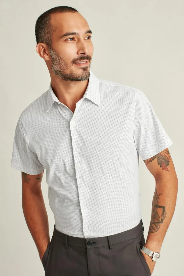 Men Tech Short Sleeve Shirt White Blue Fine Dot Bonobos Short Sleeve Shirts