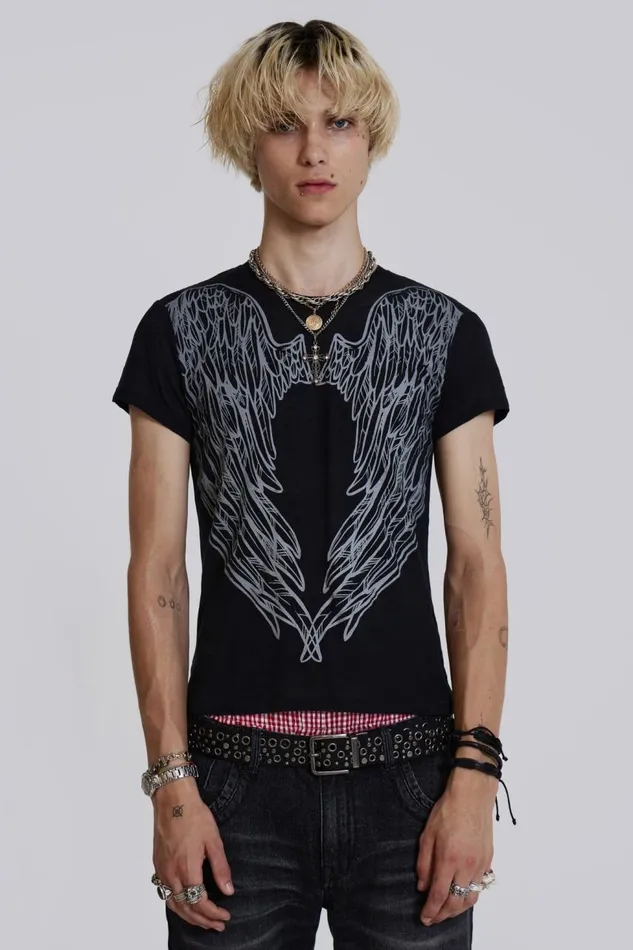 Men Washed Black Wing Print Tshirt Jaded London TShirts and Vests