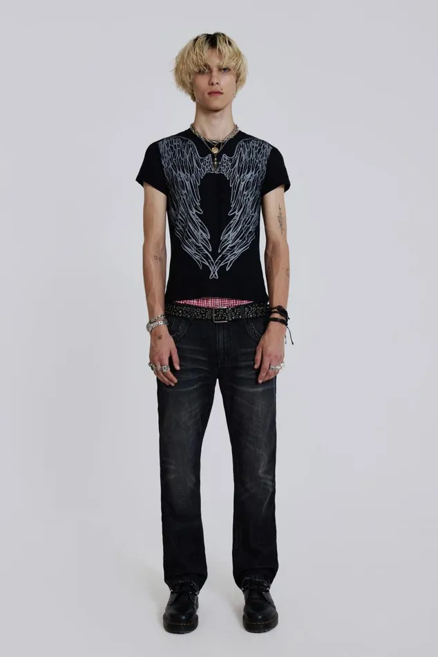 Men Washed Black Wing Print Tshirt Jaded London TShirts and Vests