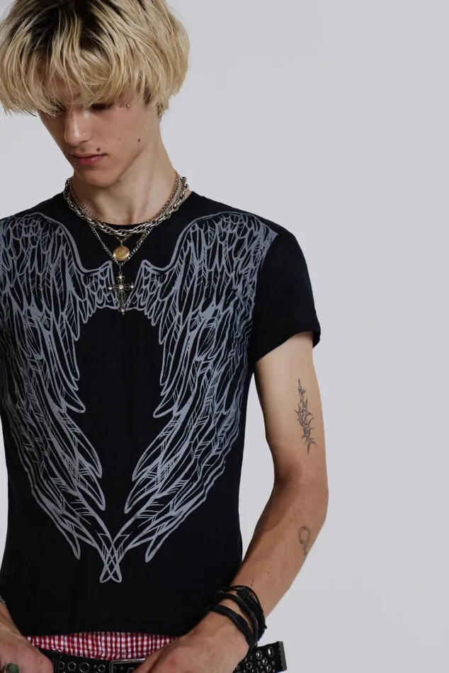 Men Washed Black Wing Print Tshirt Jaded London TShirts and Vests