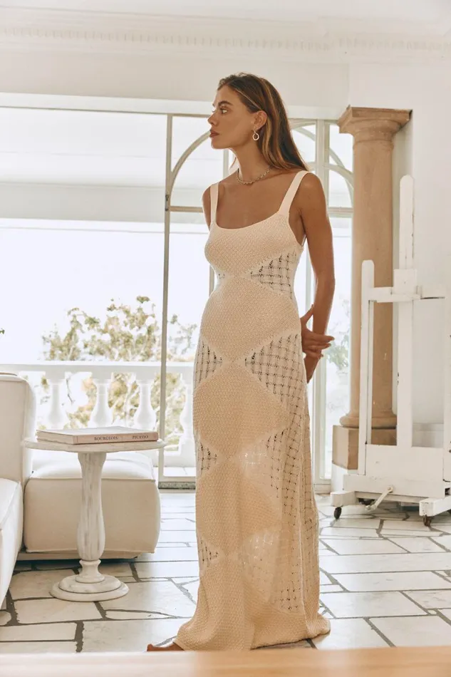 MidiMaxi Dresses Women VRG GRL Vinca Knit Maxi Dress Ecru
