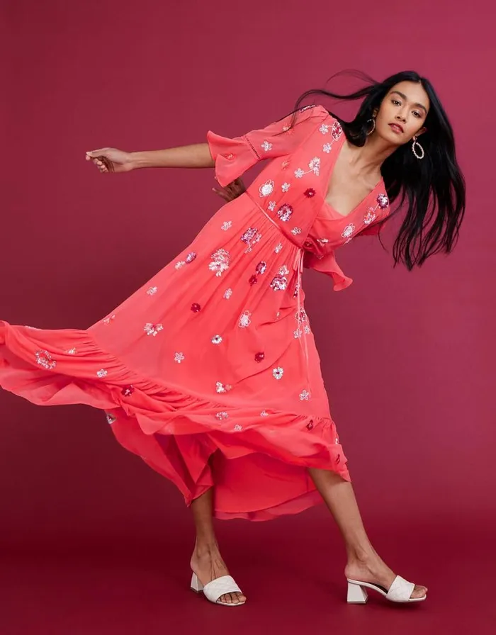 Monsoon Aimee Embellished Wrap Dress In Recycled Polyester Orange Women Occasionwear Monsoon Aimee Embellished Wrap Dress In Recycled Polyester Orange Women Occasionwear