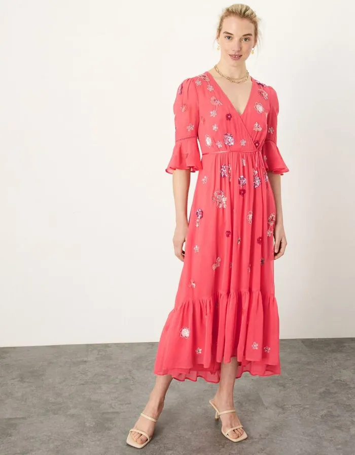 Monsoon Aimee Embellished Wrap Dress In Recycled Polyester Orange Women Occasionwear Monsoon Aimee Embellished Wrap Dress In Recycled Polyester Orange Women Occasionwear