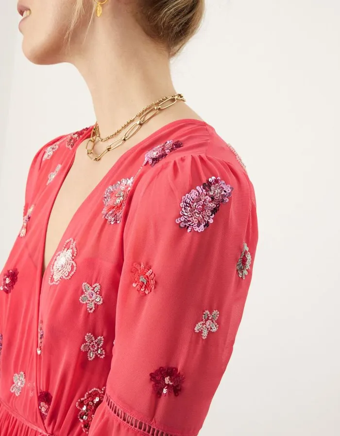 Monsoon Aimee Embellished Wrap Dress In Recycled Polyester Orange Women Occasionwear Monsoon Aimee Embellished Wrap Dress In Recycled Polyester Orange Women Occasionwear