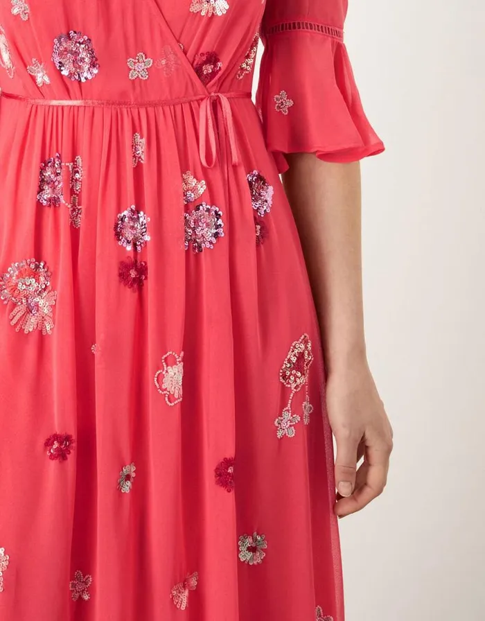 Monsoon Aimee Embellished Wrap Dress In Recycled Polyester Orange Women Occasionwear Monsoon Aimee Embellished Wrap Dress In Recycled Polyester Orange Women Occasionwear