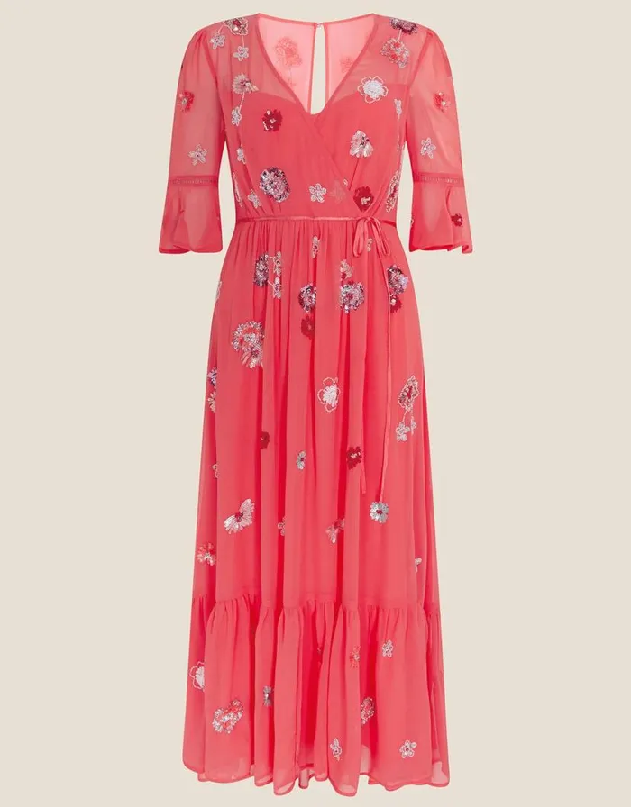 Monsoon Aimee Embellished Wrap Dress In Recycled Polyester Orange Women Occasionwear Monsoon Aimee Embellished Wrap Dress In Recycled Polyester Orange Women Occasionwear