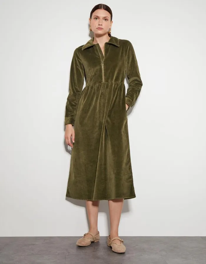Monsoon Alana Cord Zip Midi Dress Green Women Casualwear