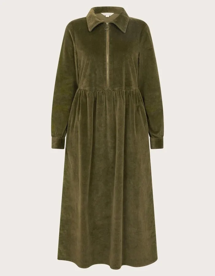 Monsoon Alana Cord Zip Midi Dress Green Women Casualwear Monsoon Alana Cord Zip Midi Dress Green Women Casualwear