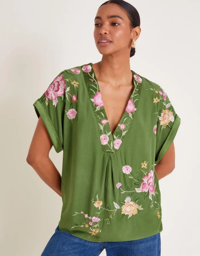 Monsoon Alice Floral Embroidered VNeck Blouse Green Women Tops and Blouses