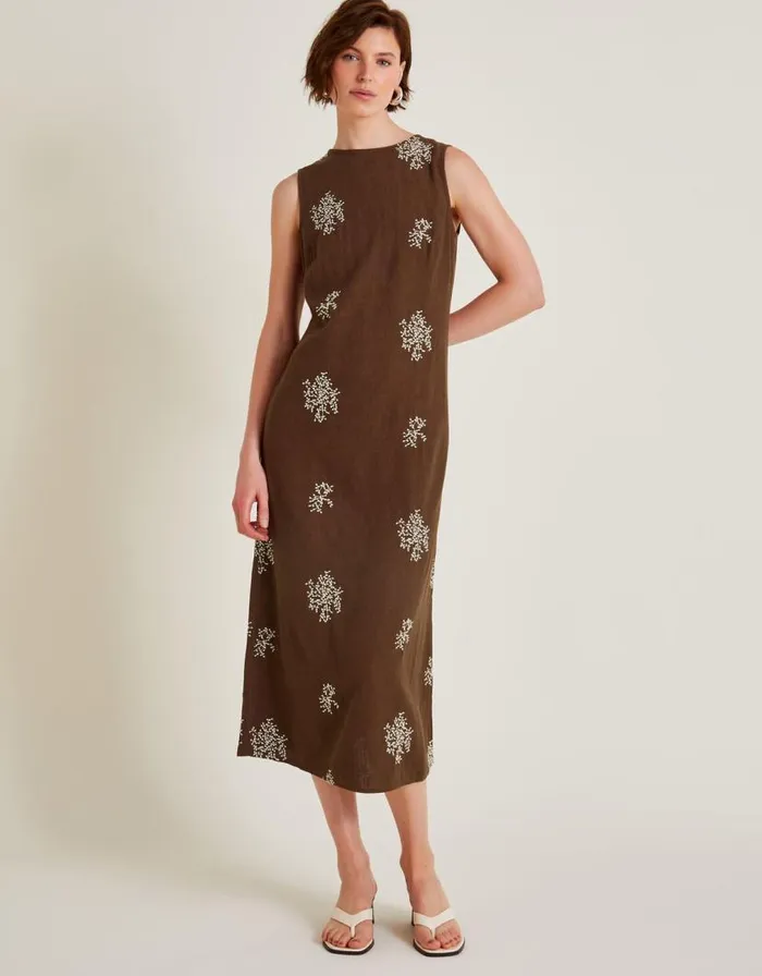 Monsoon Aria Embroidered Sleeveless Midi Dress Brown Women Day Dresses